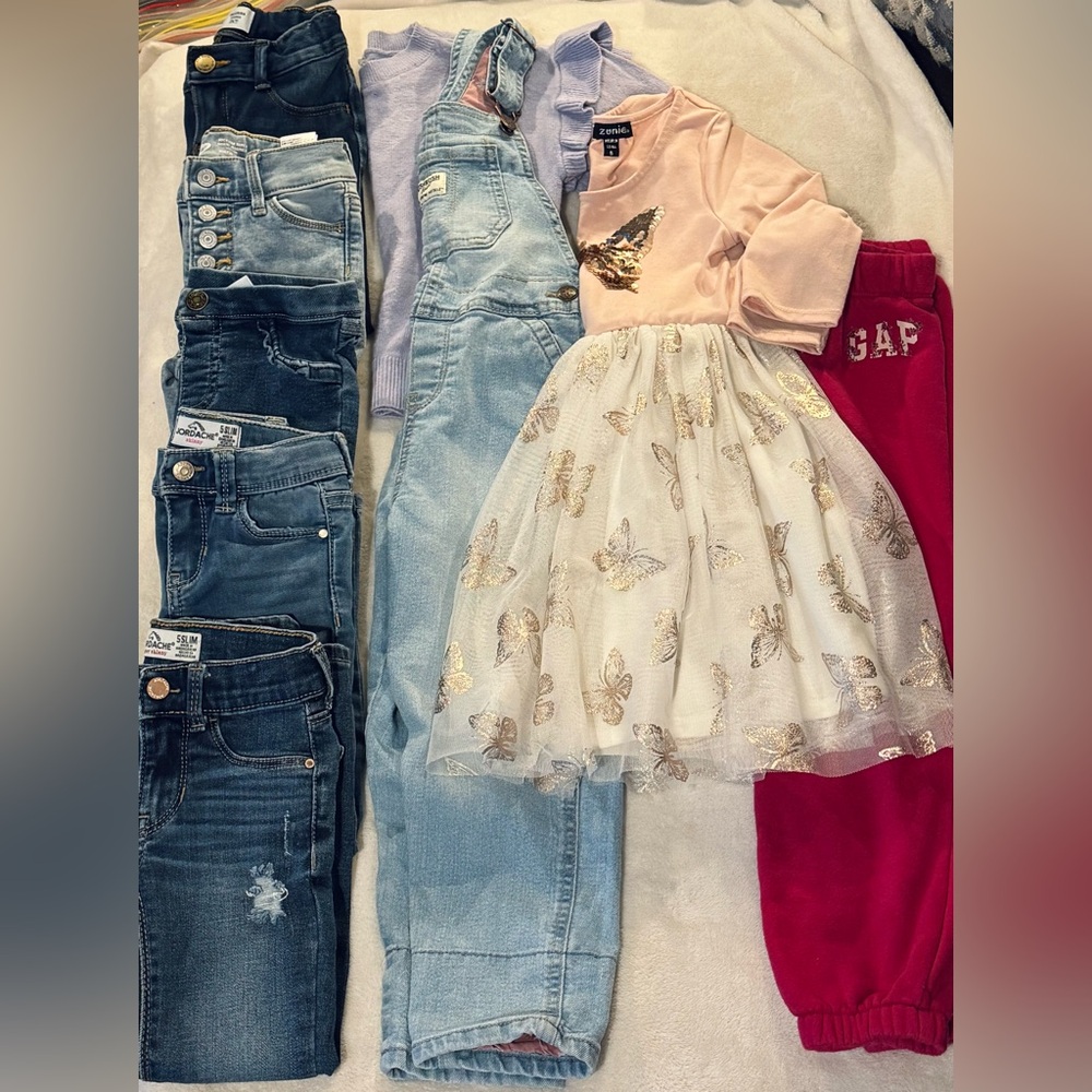 Girls 5T Spring Bundle – Denim, Overalls & Sparkle Dress! 🌸